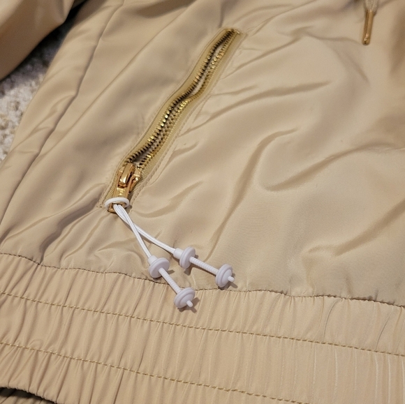 Adam Selman Sport Gathered Sleeve Track Jacket Windbreaker Chino Tan Zip Up Hood - Picture 8 of 11